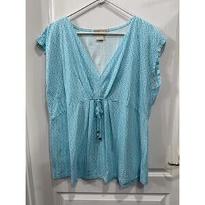 Michael Kors Women’s 2X Blue Tie Front Blouse Cap Dolman Sleeve V-Neck Top